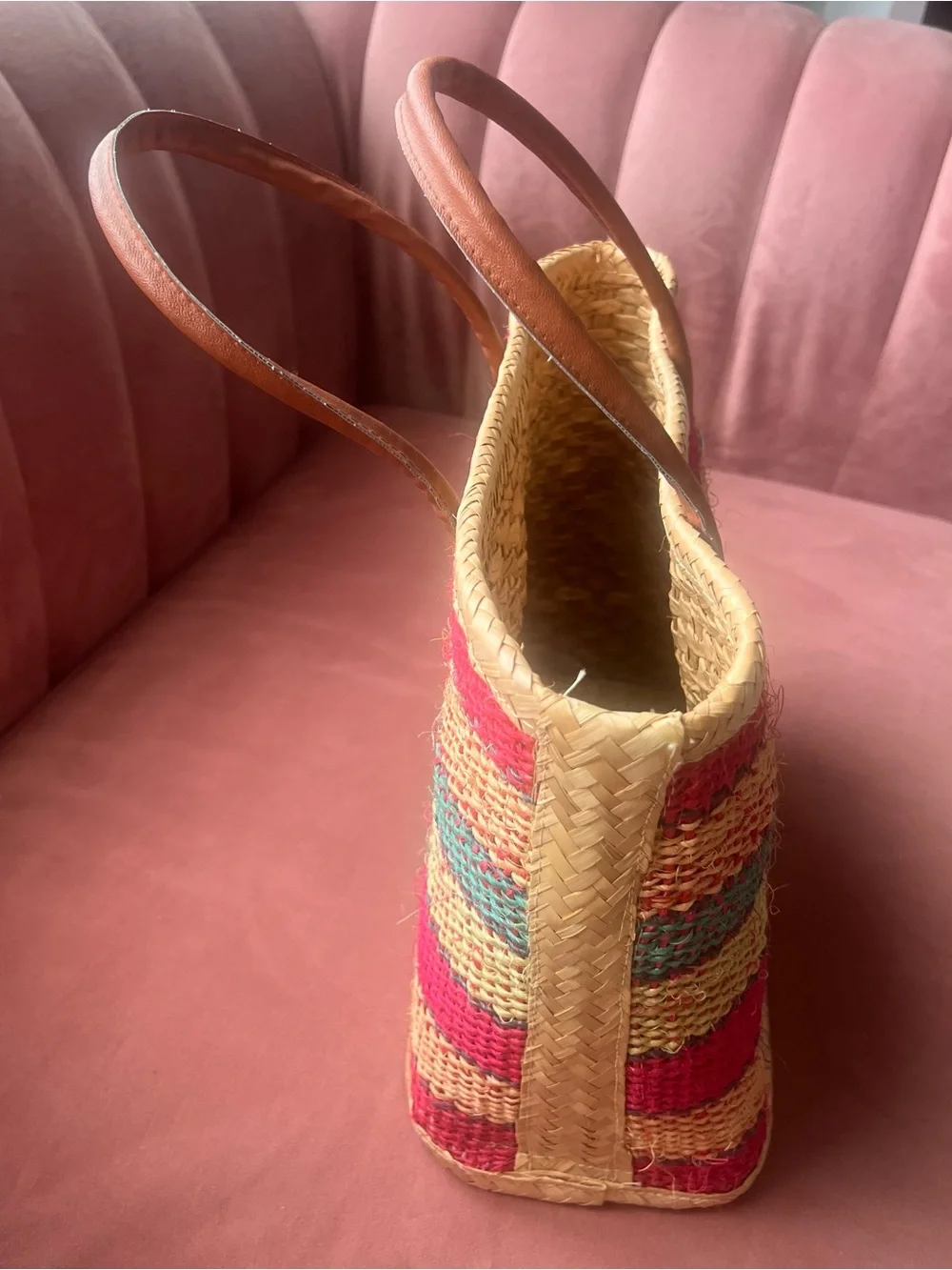 Striped Straw Tote Bag with Pink, Natural & Mint Accents - Picture 4 of 7